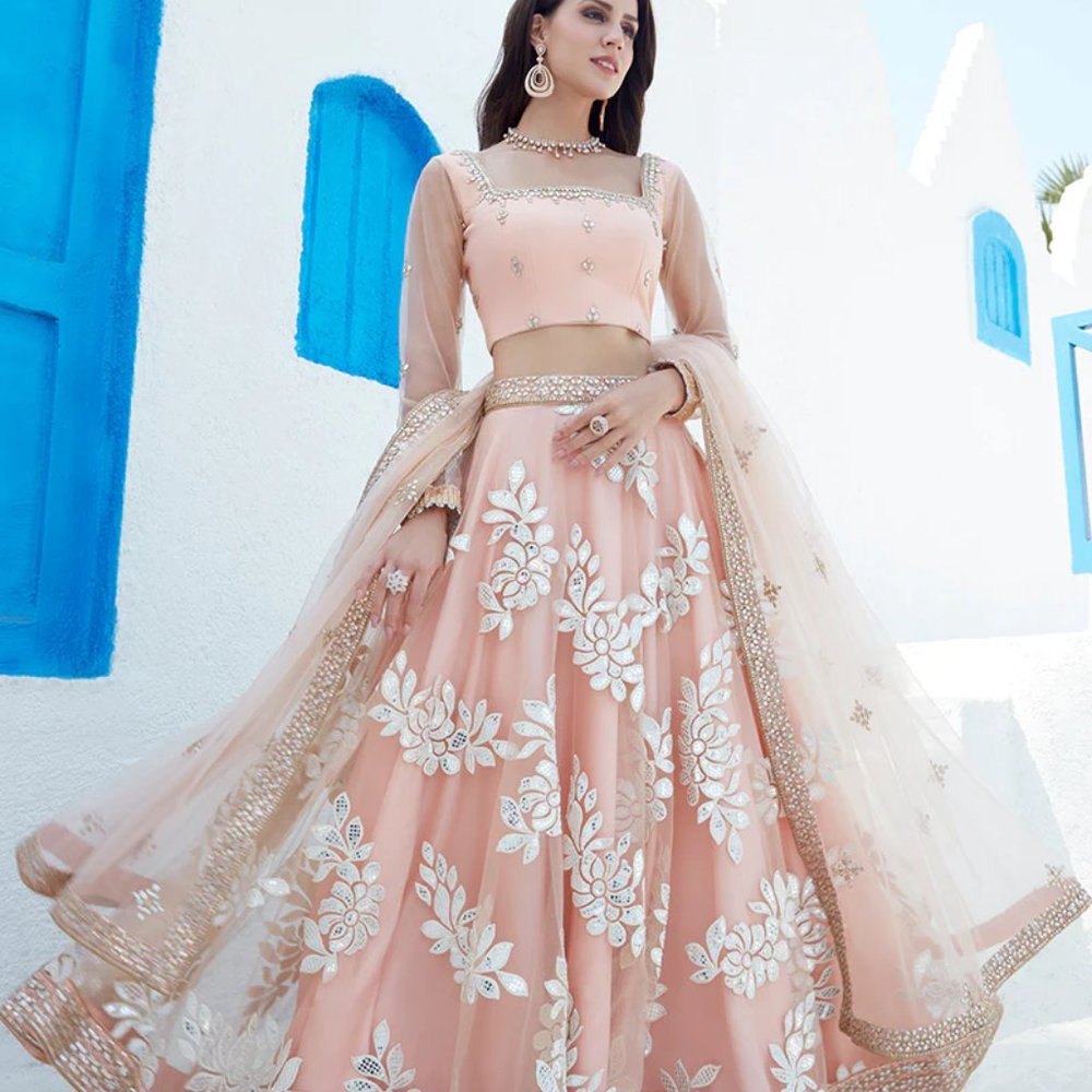 [Petite] Lashkaraa Peach Mirror Embroidered Net Lehenga